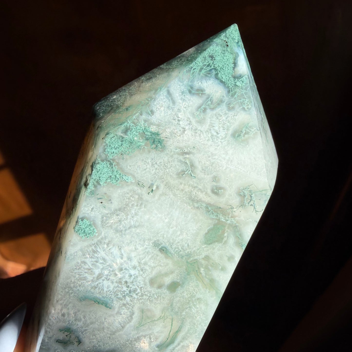 large moss agate tower